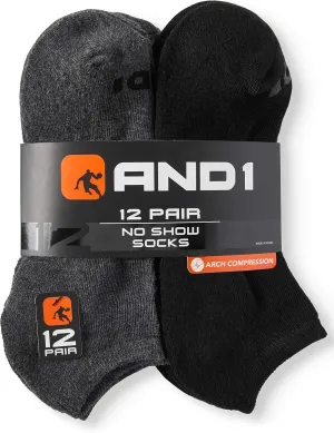 12 PAIRS AND1 Men's Value Pack No Show Socks, 6-12.5 (6 Black, 6 Grey pairs)