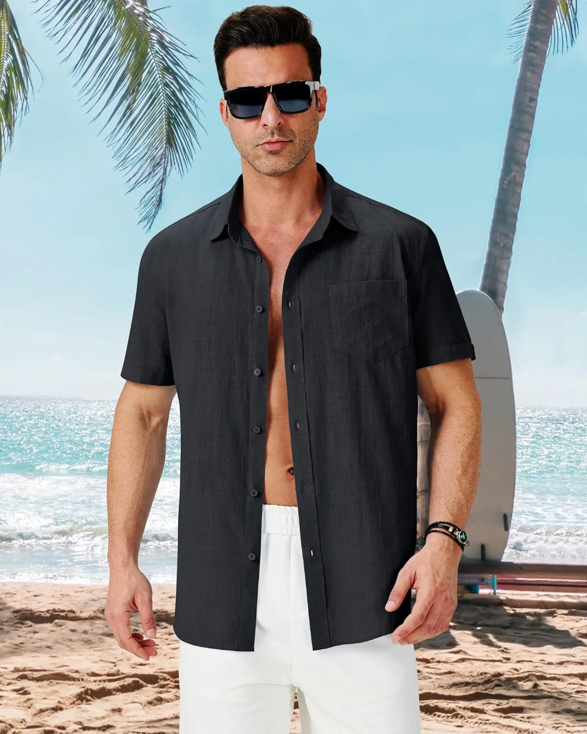 3 Pack Mens Linen Shirts Button Down Short Sleeve Shirt Casual Summer Beach Vacation Tops with Pocket