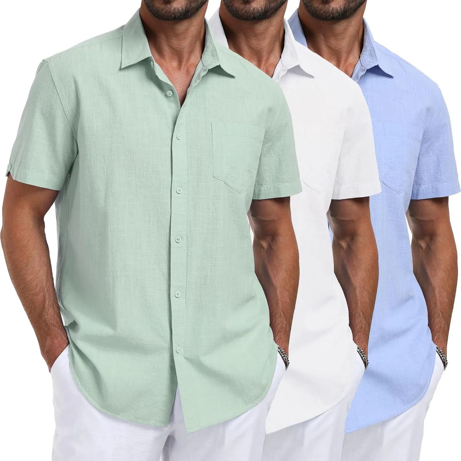 3 Pack Mens Linen Shirts Button Down Short Sleeve Shirt Casual Summer Beach Vacation Tops with Pocket