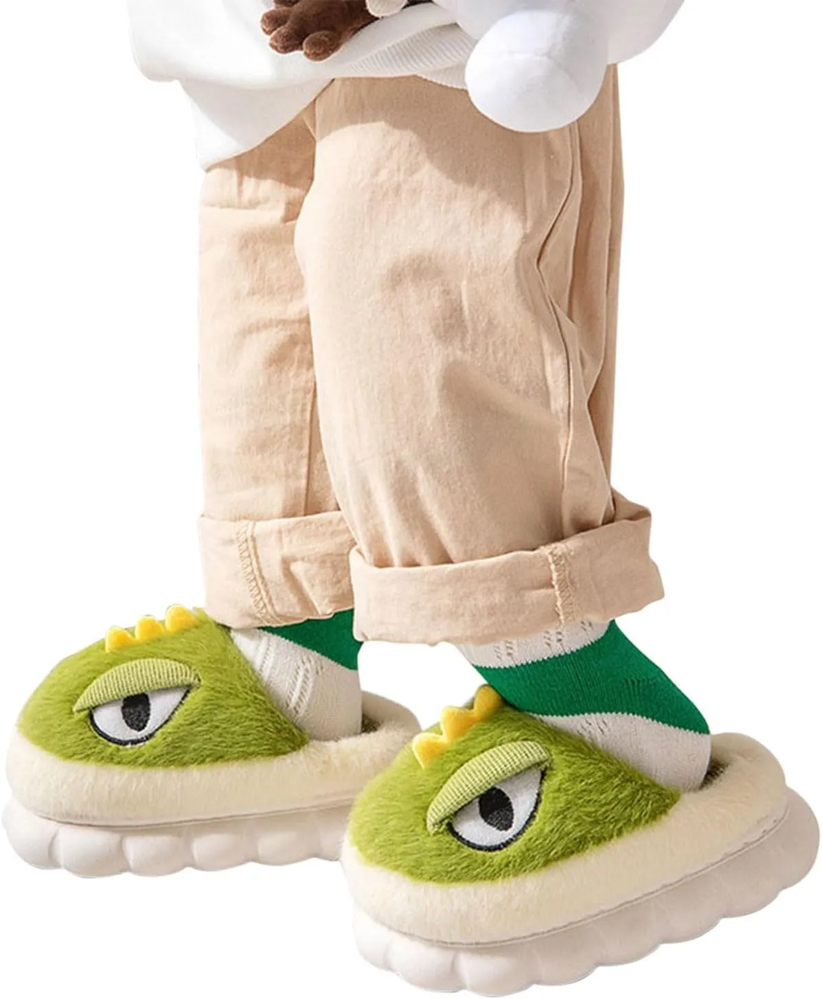 4-12.5 Years Boys Girls Adorkable Slippers Memory Foam Thick Bottom Soft Plush Funny Dinosaur Eyes Face Slippers