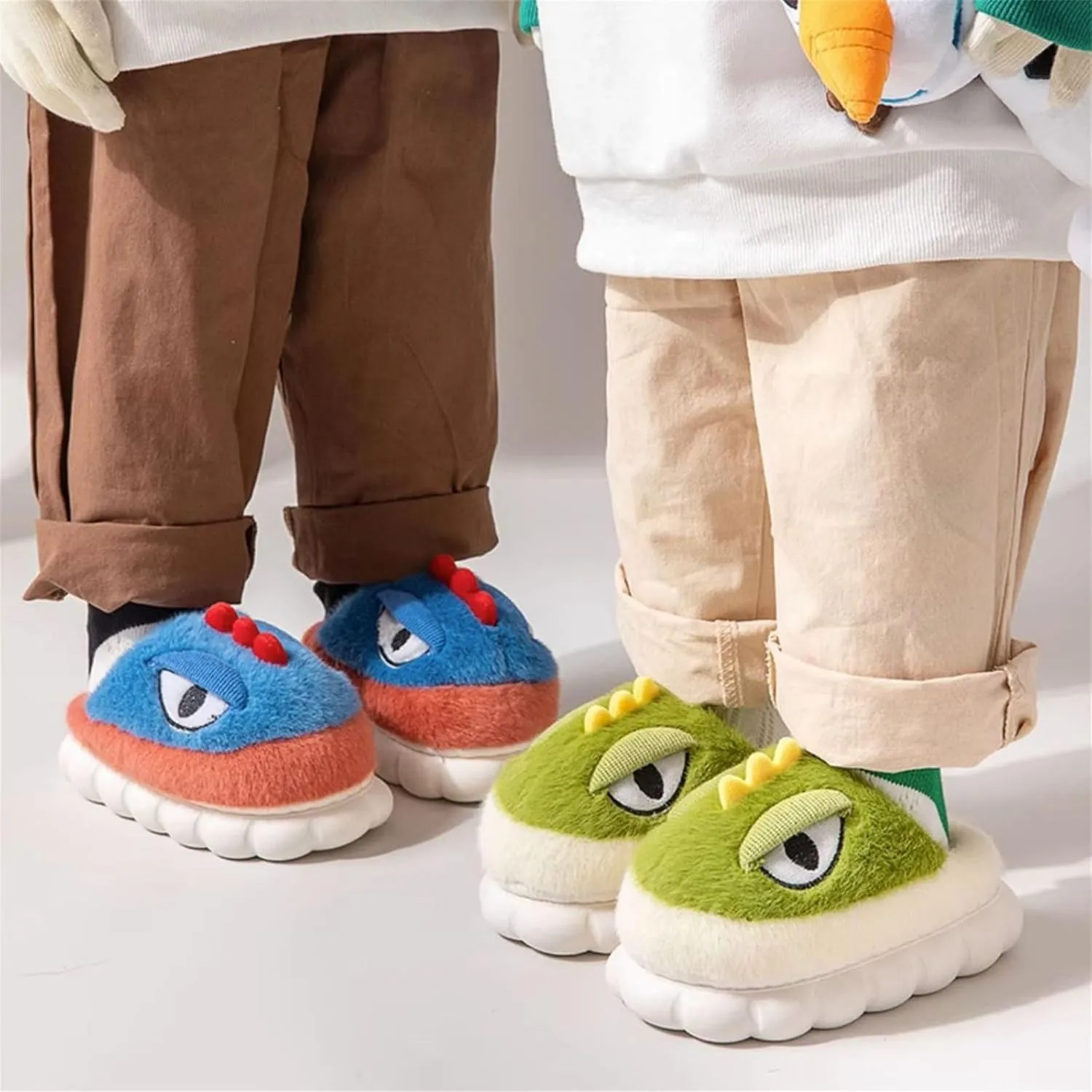 4-12.5 Years Boys Girls Adorkable Slippers Memory Foam Thick Bottom Soft Plush Funny Dinosaur Eyes Face Slippers