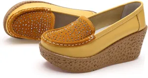 Aceptolcom Women Suede Rhinestones Wedge Loafers Casual Comfort Non Slip Good Arch Support Slip On Platform Loafers Moccasins Walking Shoes
