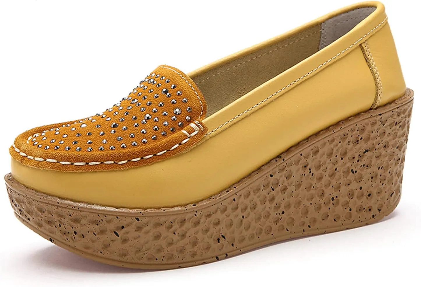 Aceptolcom Women Suede Rhinestones Wedge Loafers Casual Comfort Non Slip Good Arch Support Slip On Platform Loafers Moccasins Walking Shoes