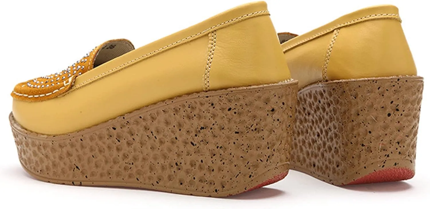 Aceptolcom Women Suede Rhinestones Wedge Loafers Casual Comfort Non Slip Good Arch Support Slip On Platform Loafers Moccasins Walking Shoes