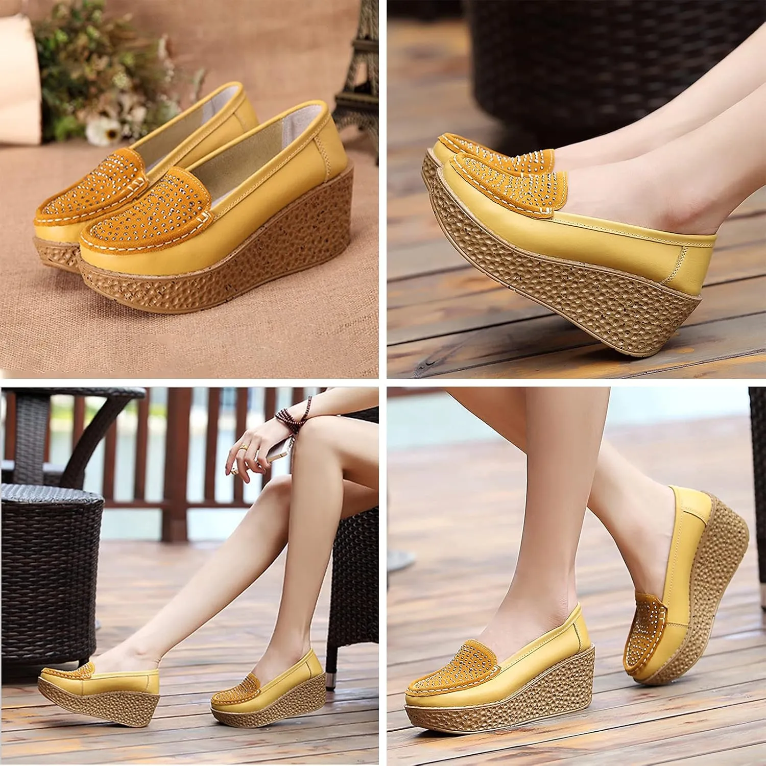 Aceptolcom Women Suede Rhinestones Wedge Loafers Casual Comfort Non Slip Good Arch Support Slip On Platform Loafers Moccasins Walking Shoes