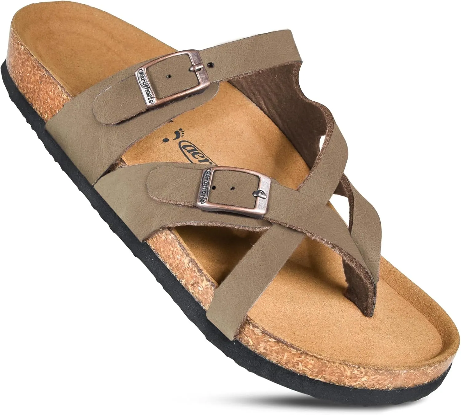 AEROTHOTIC Womens Strappy Slip-On Modern Memory Foam Cushion Footbed Outdoor Adjustable Buckle Cork Footbed Slides for Sandals with Comfortable Arch Support