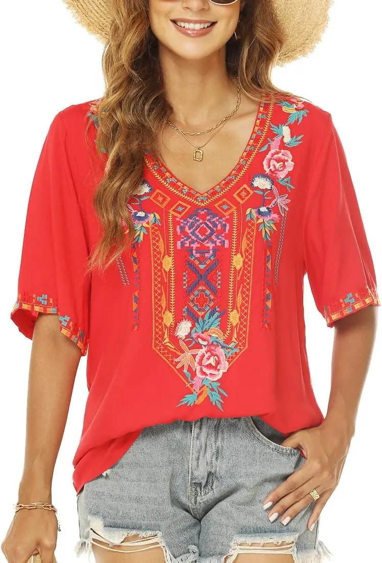 AK Women's V Neck Casual Summer Blouse, Boho Embroidered Mexican Peasant Tops Short Sleeve Shirts Casual Blouse Loose Tunics