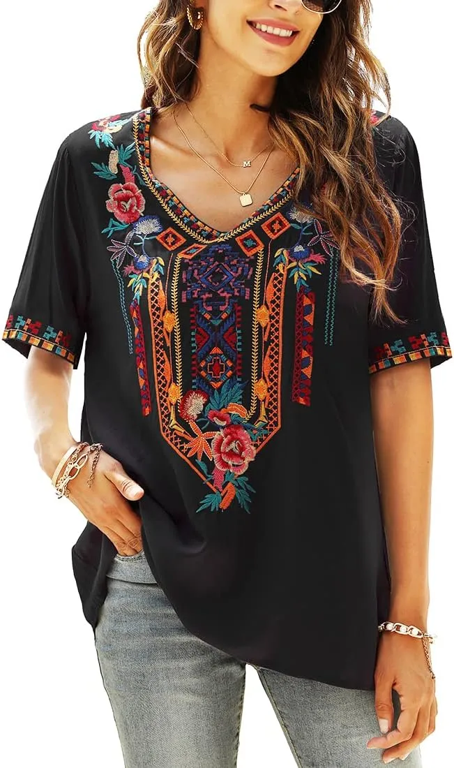 AK Women's V Neck Casual Summer Blouse, Boho Embroidered Mexican Peasant Tops Short Sleeve Shirts Casual Blouse Loose Tunics