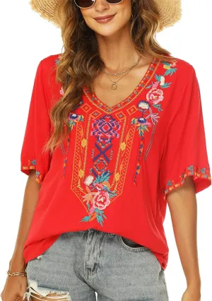 AK Women's V Neck Casual Summer Blouse, Boho Embroidered Mexican Peasant Tops Short Sleeve Shirts Casual Blouse Loose Tunics