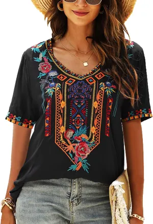 AK Women's V Neck Casual Summer Blouse, Boho Embroidered Mexican Peasant Tops Short Sleeve Shirts Casual Blouse Loose Tunics