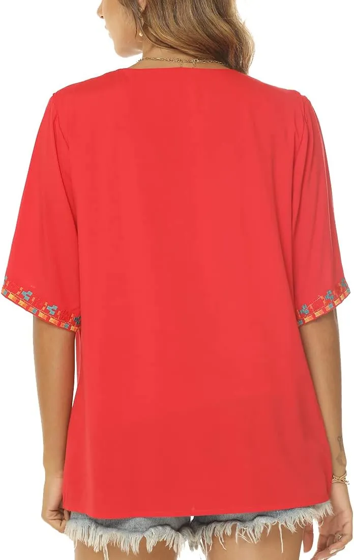 AK Women's V Neck Casual Summer Blouse, Boho Embroidered Mexican Peasant Tops Short Sleeve Shirts Casual Blouse Loose Tunics