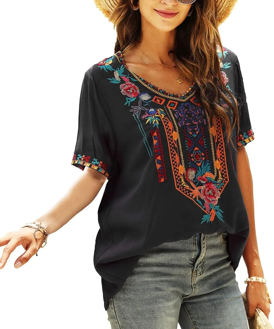 AK Women's V Neck Casual Summer Blouse, Boho Embroidered Mexican Peasant Tops Short Sleeve Shirts Casual Blouse Loose Tunics