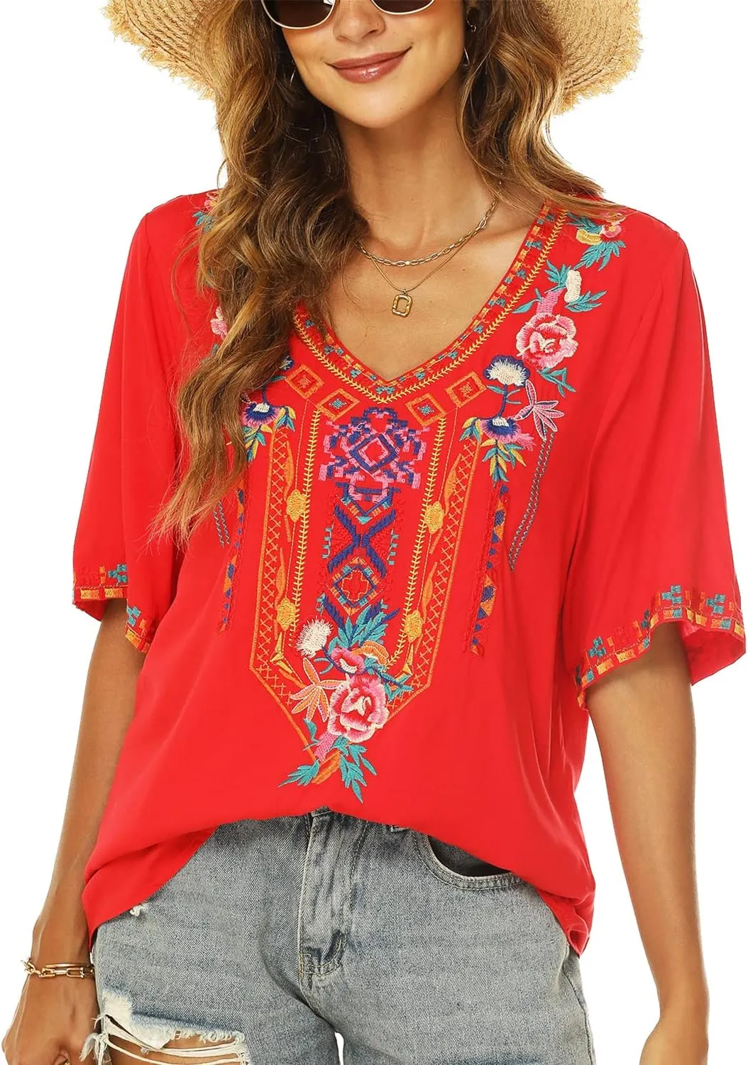 AK Women's V Neck Casual Summer Blouse, Boho Embroidered Mexican Peasant Tops Short Sleeve Shirts Casual Blouse Loose Tunics