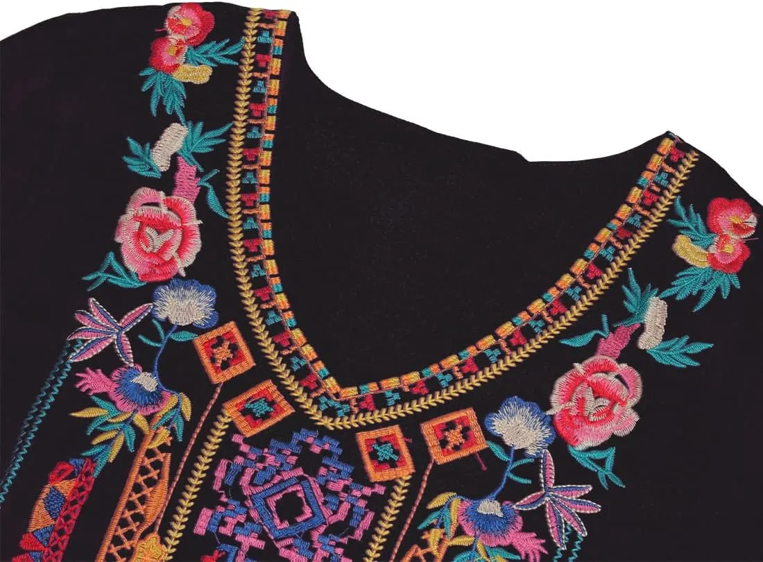 AK Women's V Neck Casual Summer Blouse, Boho Embroidered Mexican Peasant Tops Short Sleeve Shirts Casual Blouse Loose Tunics