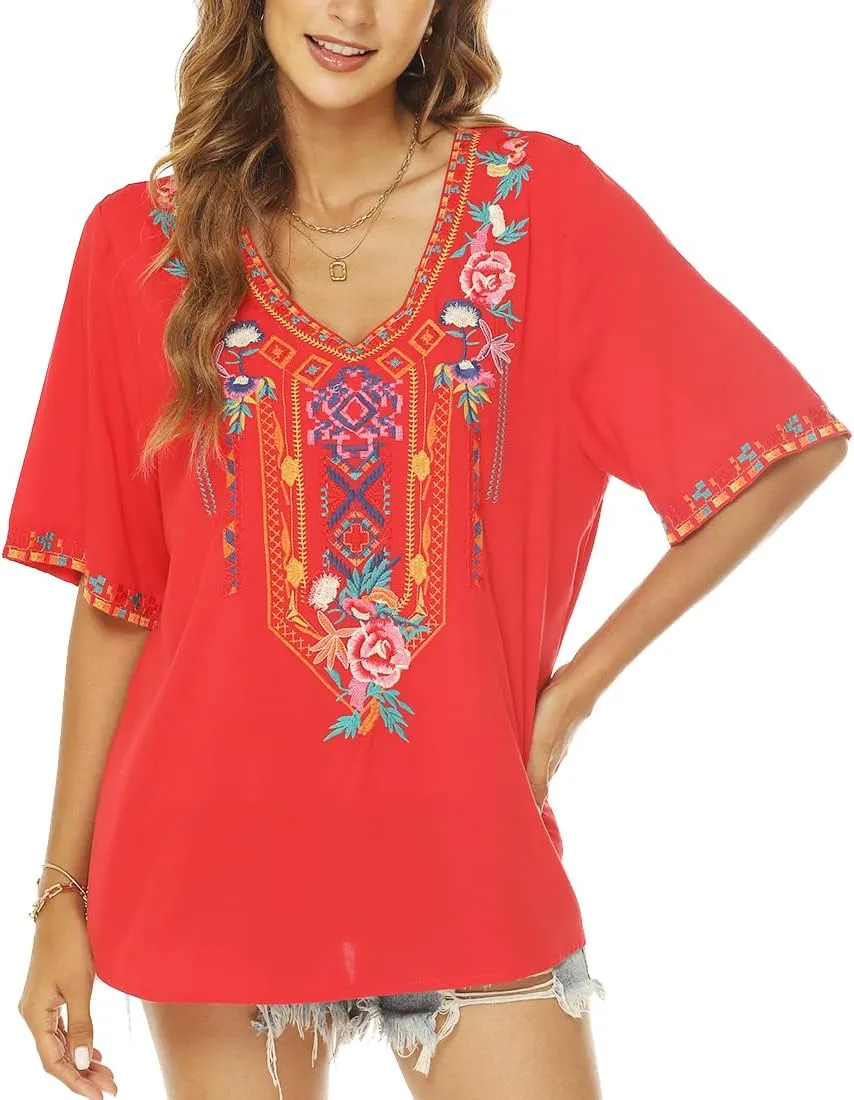 AK Women's V Neck Casual Summer Blouse, Boho Embroidered Mexican Peasant Tops Short Sleeve Shirts Casual Blouse Loose Tunics