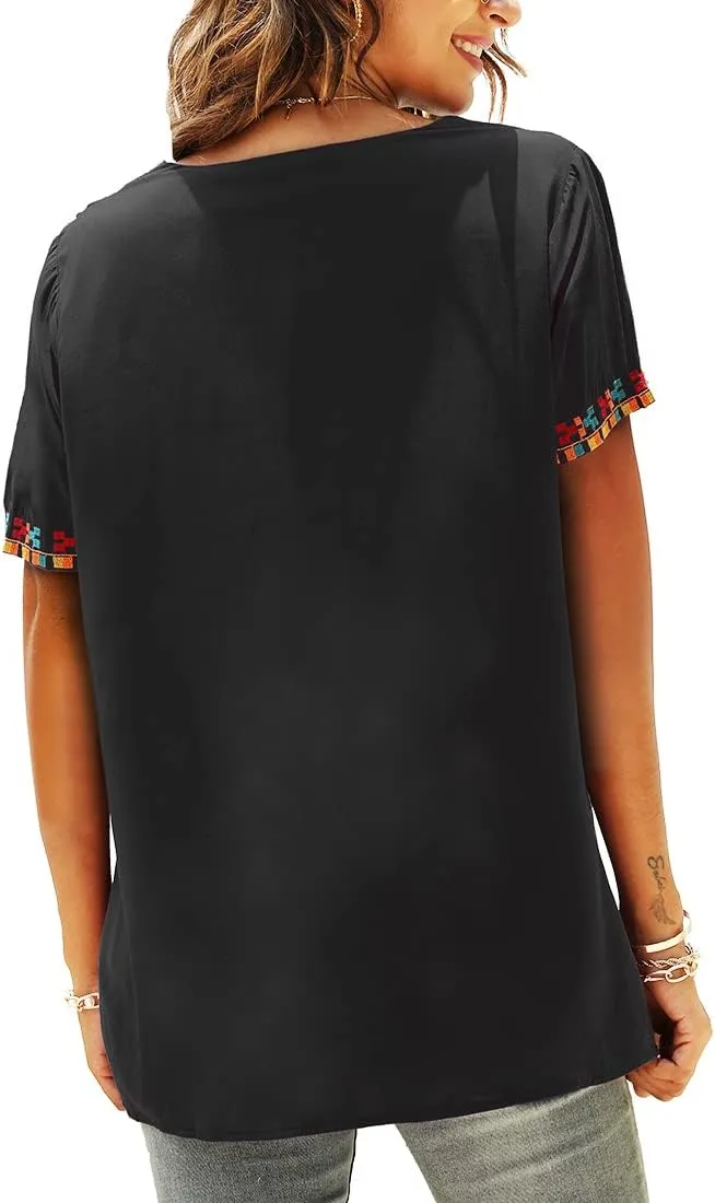 AK Women's V Neck Casual Summer Blouse, Boho Embroidered Mexican Peasant Tops Short Sleeve Shirts Casual Blouse Loose Tunics