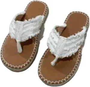 ALEBEE Denim Sandals For Women Straw Flat Heel Bohemian Flip-Flops Sandals
