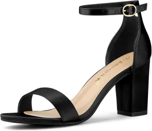 Allegra K Women's Satin Open Toe Ankle Strap Chunky Heels Sandals