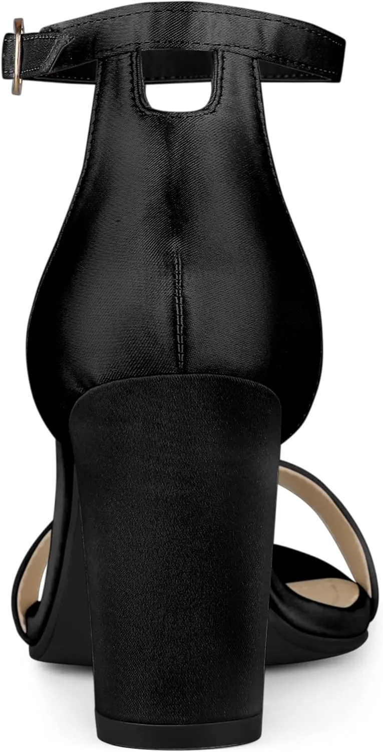 Allegra K Women's Satin Open Toe Ankle Strap Chunky Heels Sandals