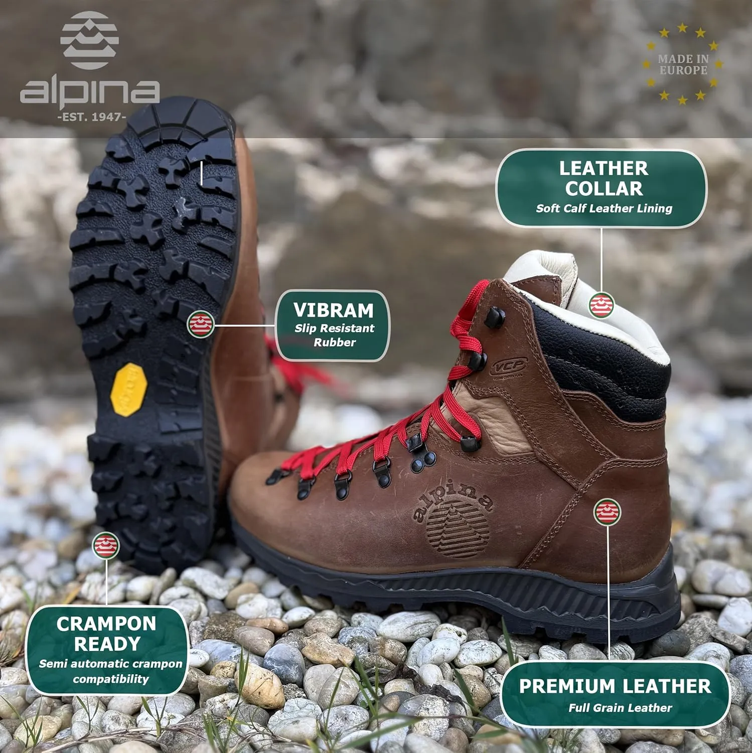 Alpina LADAKH Premium Men's Mountaineering Boots | Waterproof Full Leather Ankle High Shoes | Durable | Hand Made in Europe