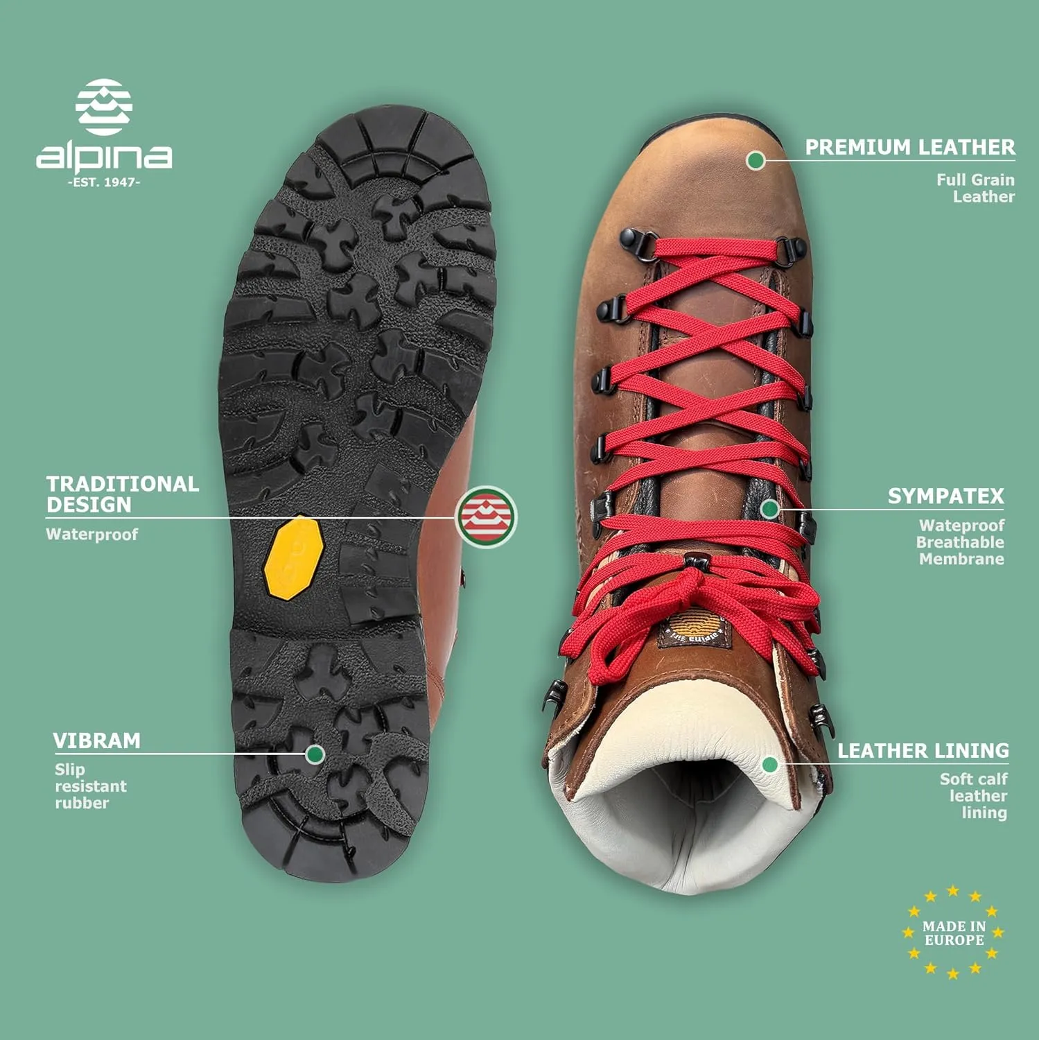 Alpina LADAKH Premium Men's Mountaineering Boots | Waterproof Full Leather Ankle High Shoes | Durable | Hand Made in Europe