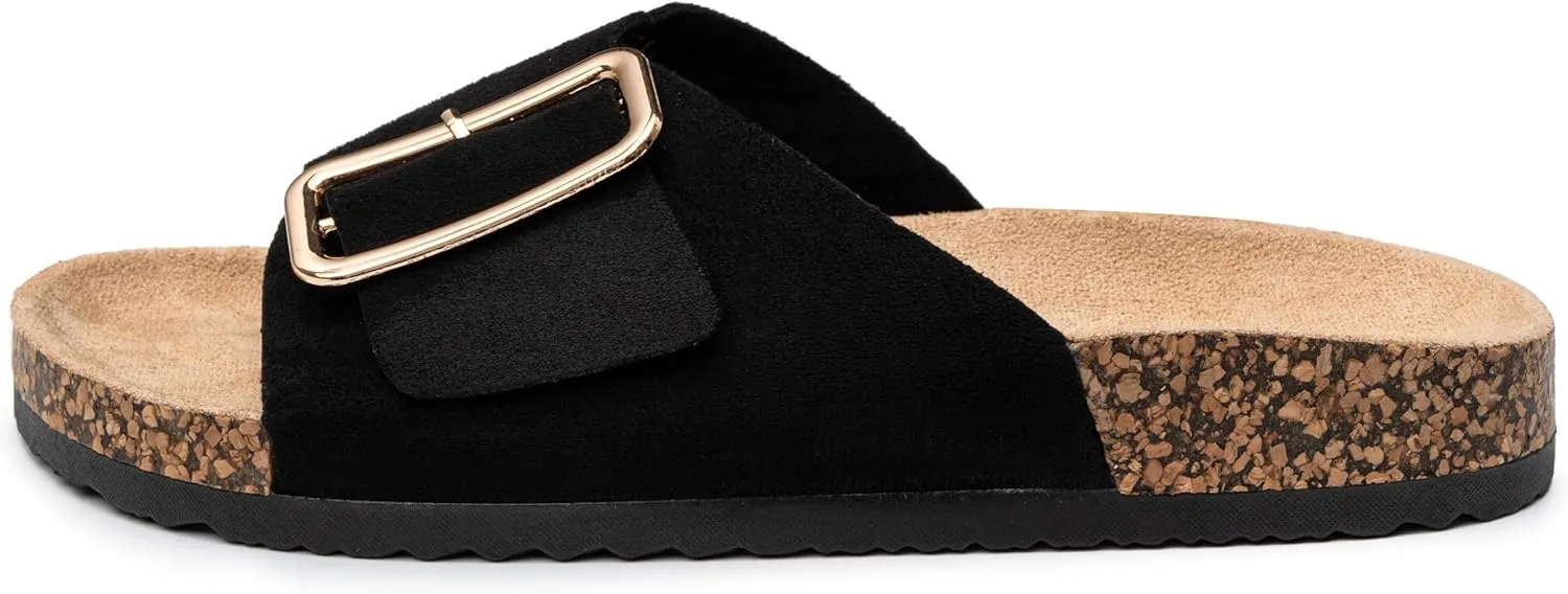 Alpine Swiss Heidi Womens Slide Sandals Cork Footbed Casual Slides Flat Sandals For Women Adjustable Buckle Comfortable Summer Beach Sandals