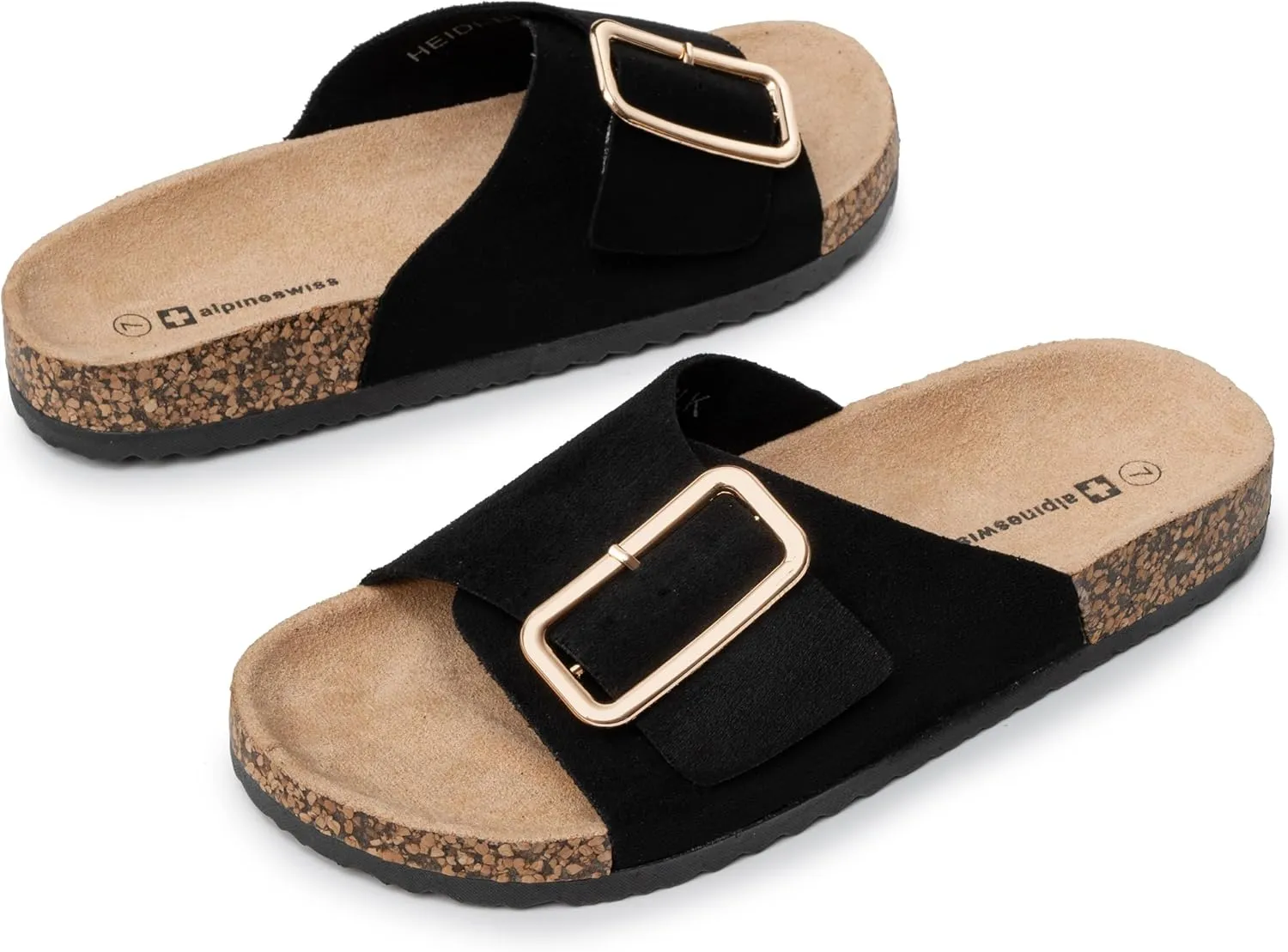 Alpine Swiss Heidi Womens Slide Sandals Cork Footbed Casual Slides Flat Sandals For Women Adjustable Buckle Comfortable Summer Beach Sandals