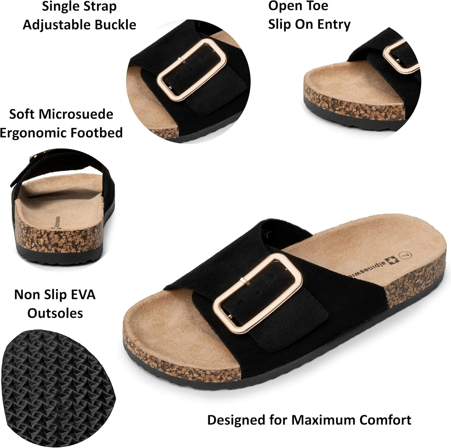 Alpine Swiss Heidi Womens Slide Sandals Cork Footbed Casual Slides Flat Sandals For Women Adjustable Buckle Comfortable Summer Beach Sandals
