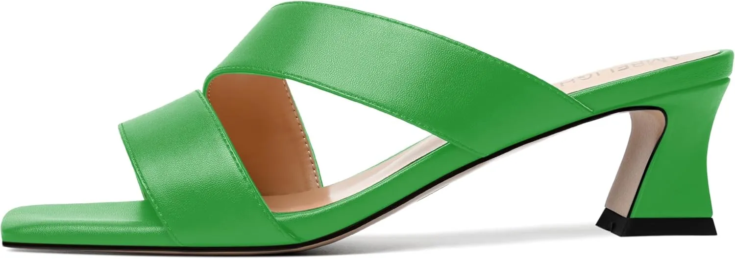 AMBELIGHT Womens Matte Casual Solid Slip On Indoor Square Toe Kitten Low Heel Heeled Sandals 2 Inch
