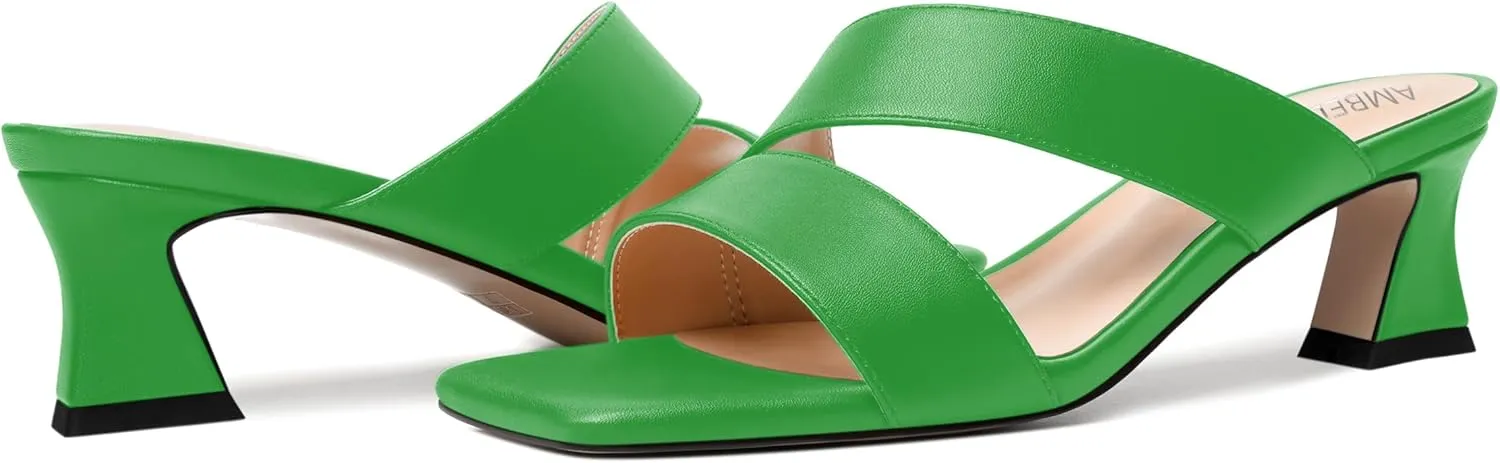 AMBELIGHT Womens Matte Casual Solid Slip On Indoor Square Toe Kitten Low Heel Heeled Sandals 2 Inch