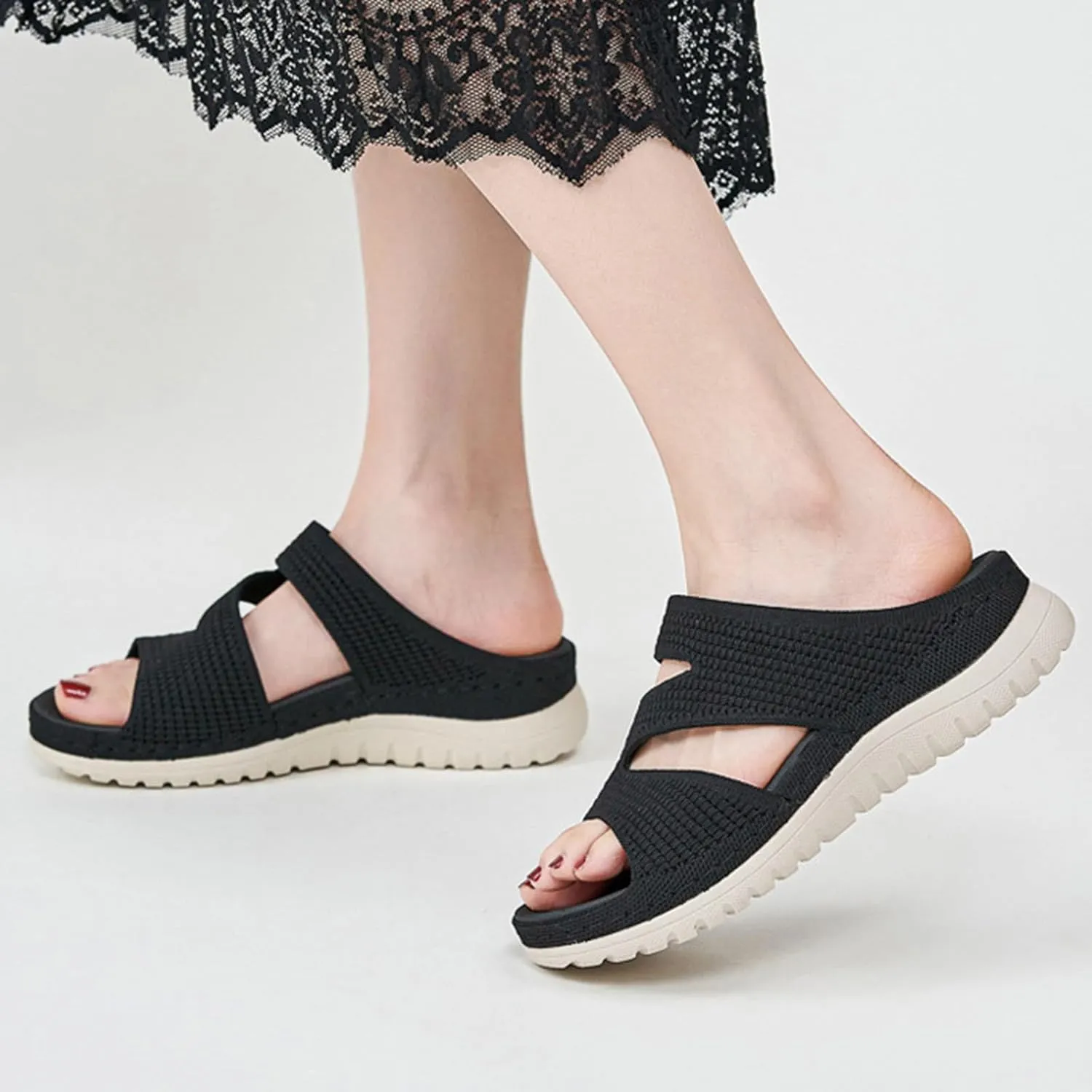 Ankle Strap Wedge Sandals for Women, Comfortable Walking Sandals Women Summer Dressy Hook Loop Knit Sport Flat Slides Lightweight Casual Beach Sandals Non Slip Slip-On Shoes