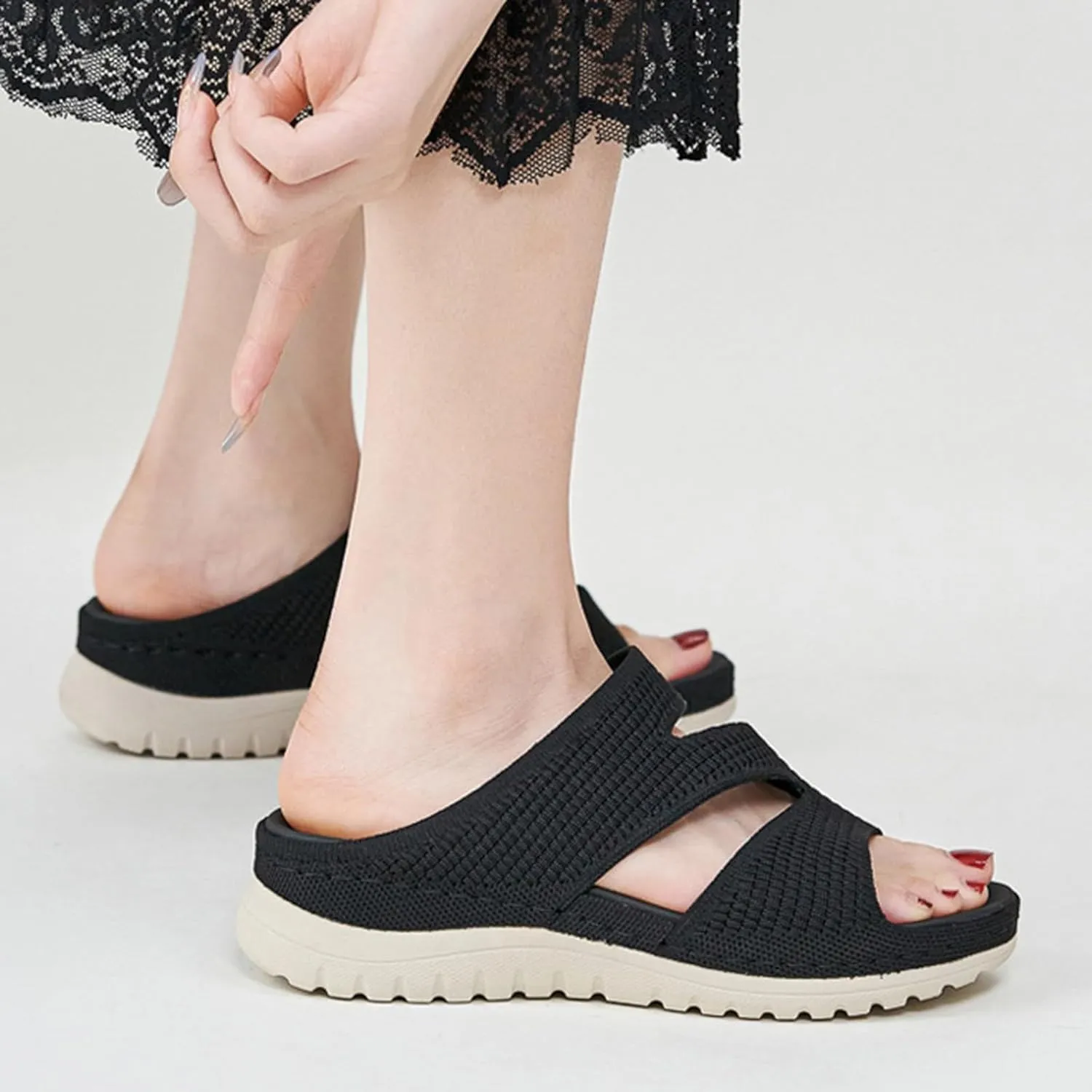 Ankle Strap Wedge Sandals for Women, Comfortable Walking Sandals Women Summer Dressy Hook Loop Knit Sport Flat Slides Lightweight Casual Beach Sandals Non Slip Slip-On Shoes