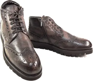 Baldinini Men's Wingtip Ankle Boots, Brown Pebbled Leather, Fur Lined, Lug Sole