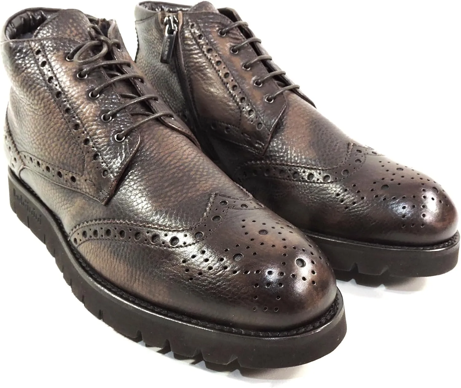Baldinini Men's Wingtip Ankle Boots, Brown Pebbled Leather, Fur Lined, Lug Sole
