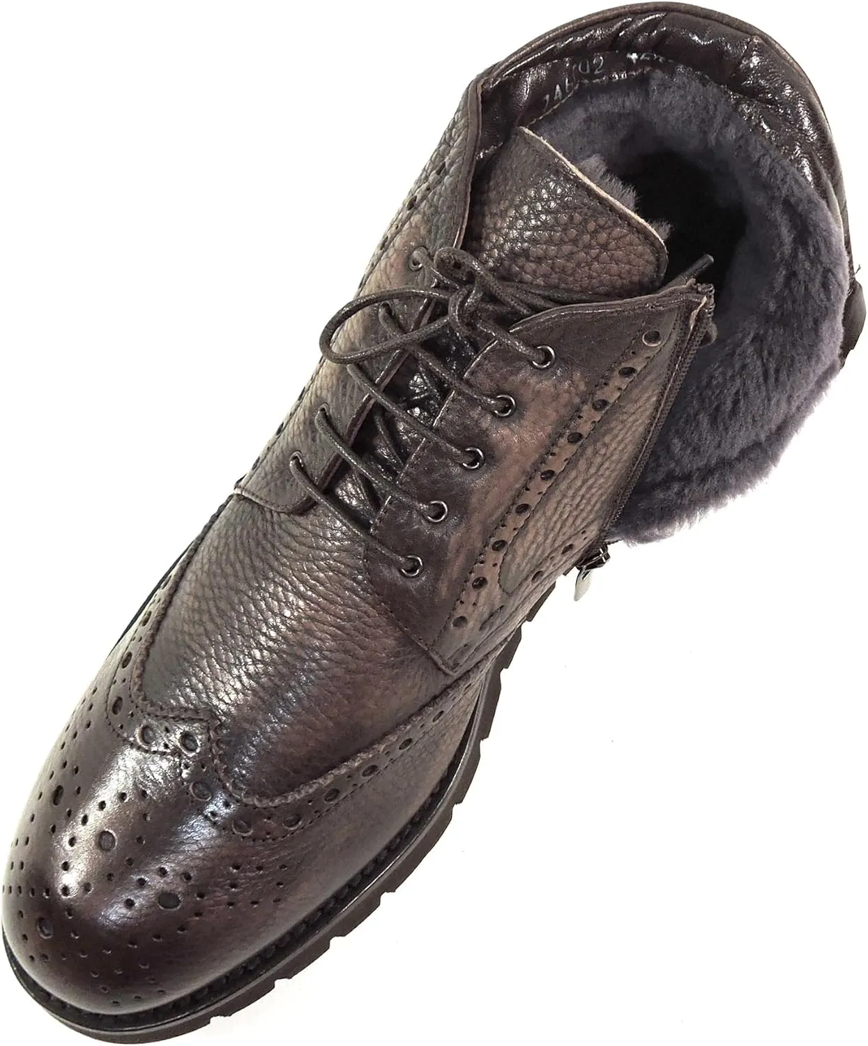 Baldinini Men's Wingtip Ankle Boots, Brown Pebbled Leather, Fur Lined, Lug Sole