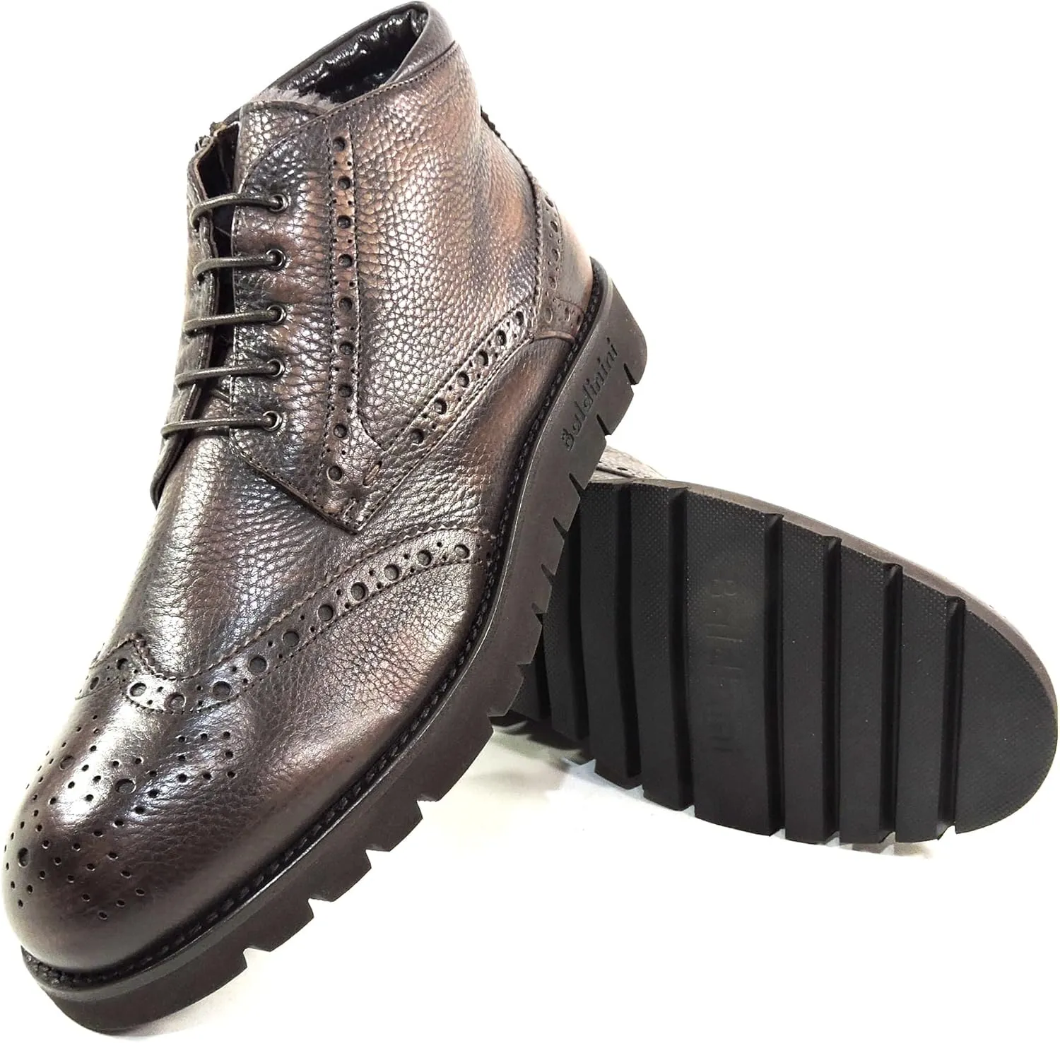 Baldinini Men's Wingtip Ankle Boots, Brown Pebbled Leather, Fur Lined, Lug Sole