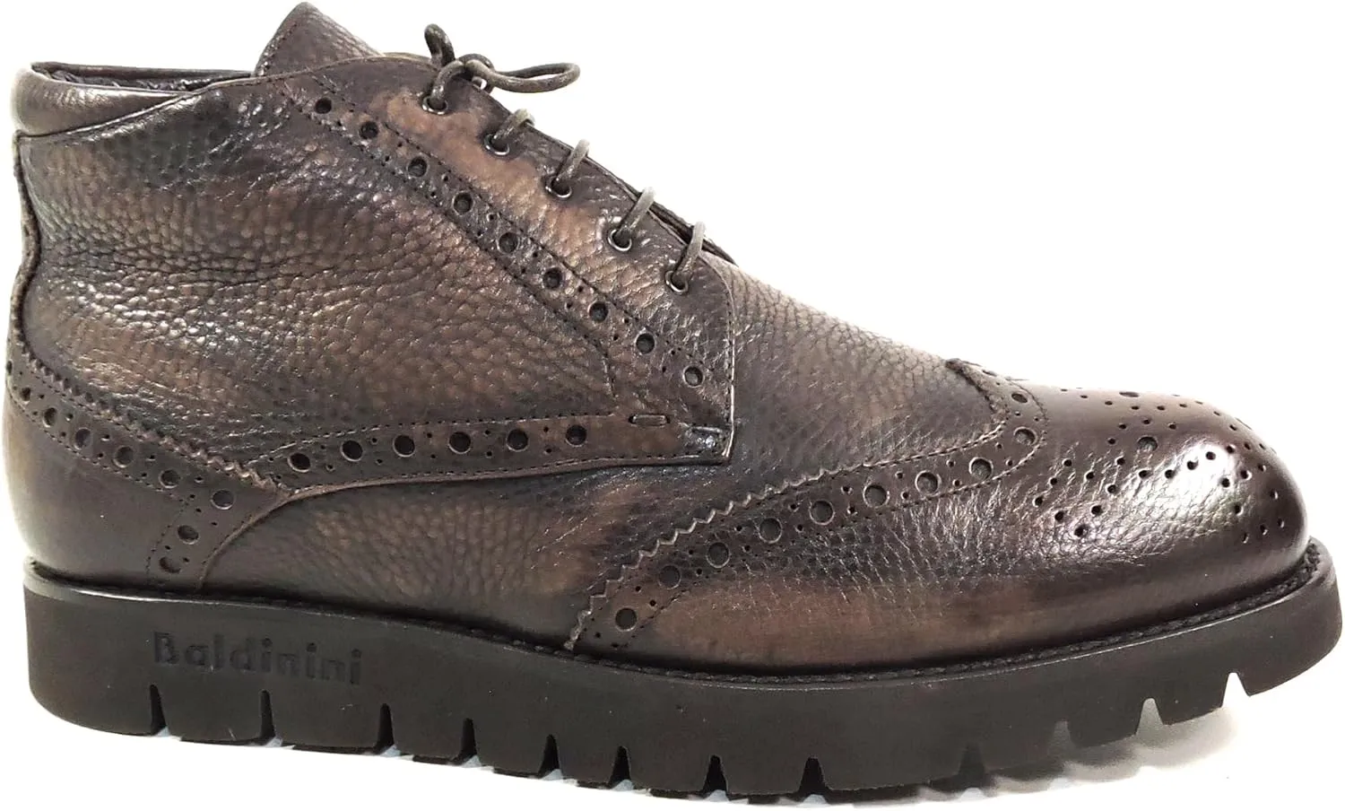 Baldinini Men's Wingtip Ankle Boots, Brown Pebbled Leather, Fur Lined, Lug Sole