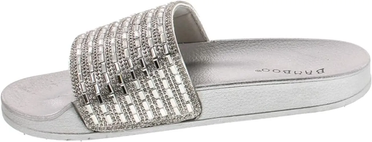 BAMBOO Womens Dazzling-01S Open Toe Jeweled Rhinostone Slide Flip Flops Flat Sandal Slippers