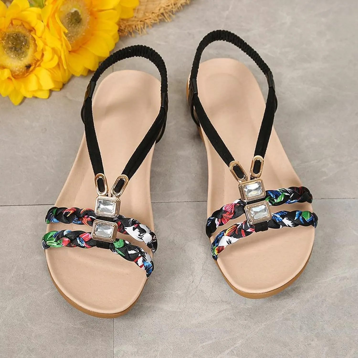 Beach Sandals for Women Rhinestones Elastic Ankle Strap Slip On Open Toe Flats Sandals Casual Comfortable Walking Shoes