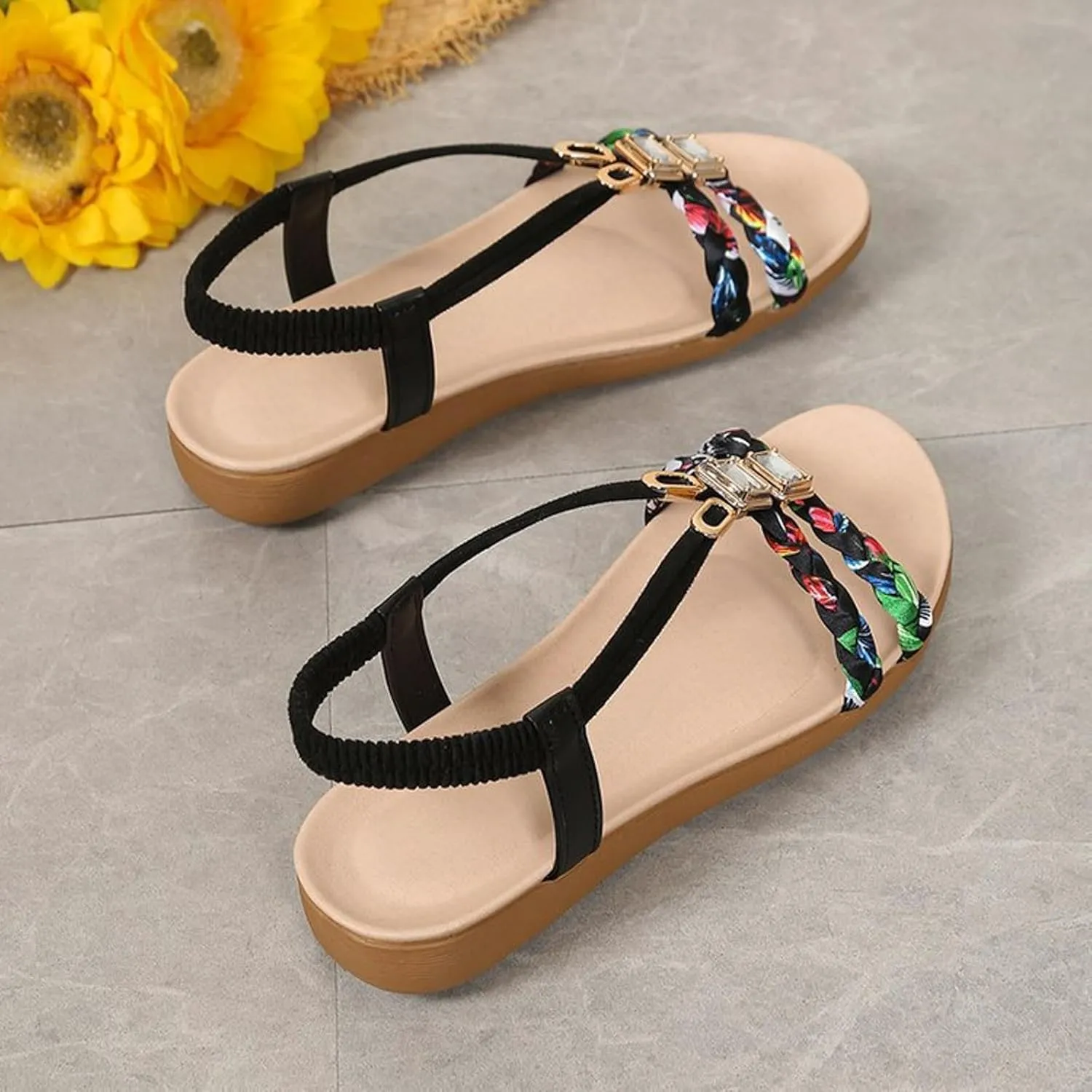 Beach Sandals for Women Rhinestones Elastic Ankle Strap Slip On Open Toe Flats Sandals Casual Comfortable Walking Shoes