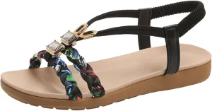 Beach Sandals for Women Rhinestones Elastic Ankle Strap Slip On Open Toe Flats Sandals Casual Comfortable Walking Shoes