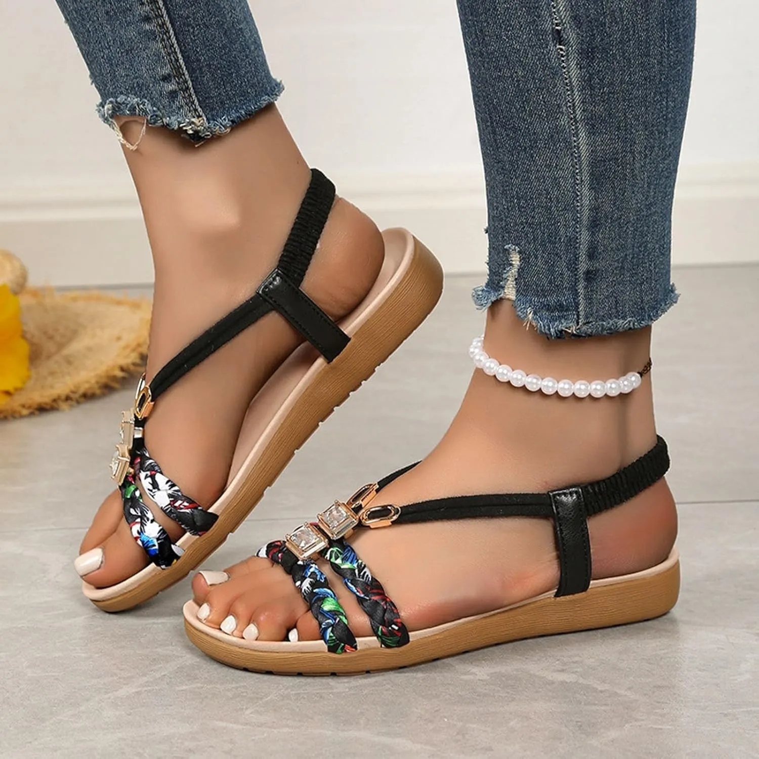 Beach Sandals for Women Rhinestones Elastic Ankle Strap Slip On Open Toe Flats Sandals Casual Comfortable Walking Shoes