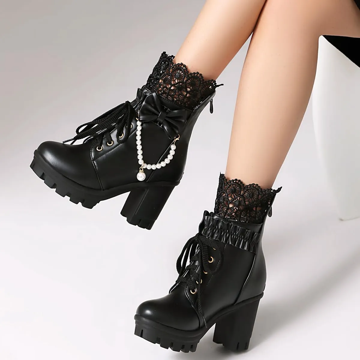 BEAUPAS Women's Platform Ankle Boots with Lace Pearl Chain Bow Chunky High Heel Goth Combat Boots