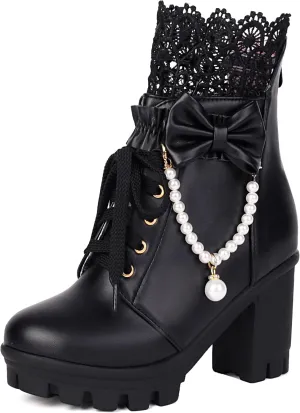 BEAUPAS Women's Platform Ankle Boots with Lace Pearl Chain Bow Chunky High Heel Goth Combat Boots