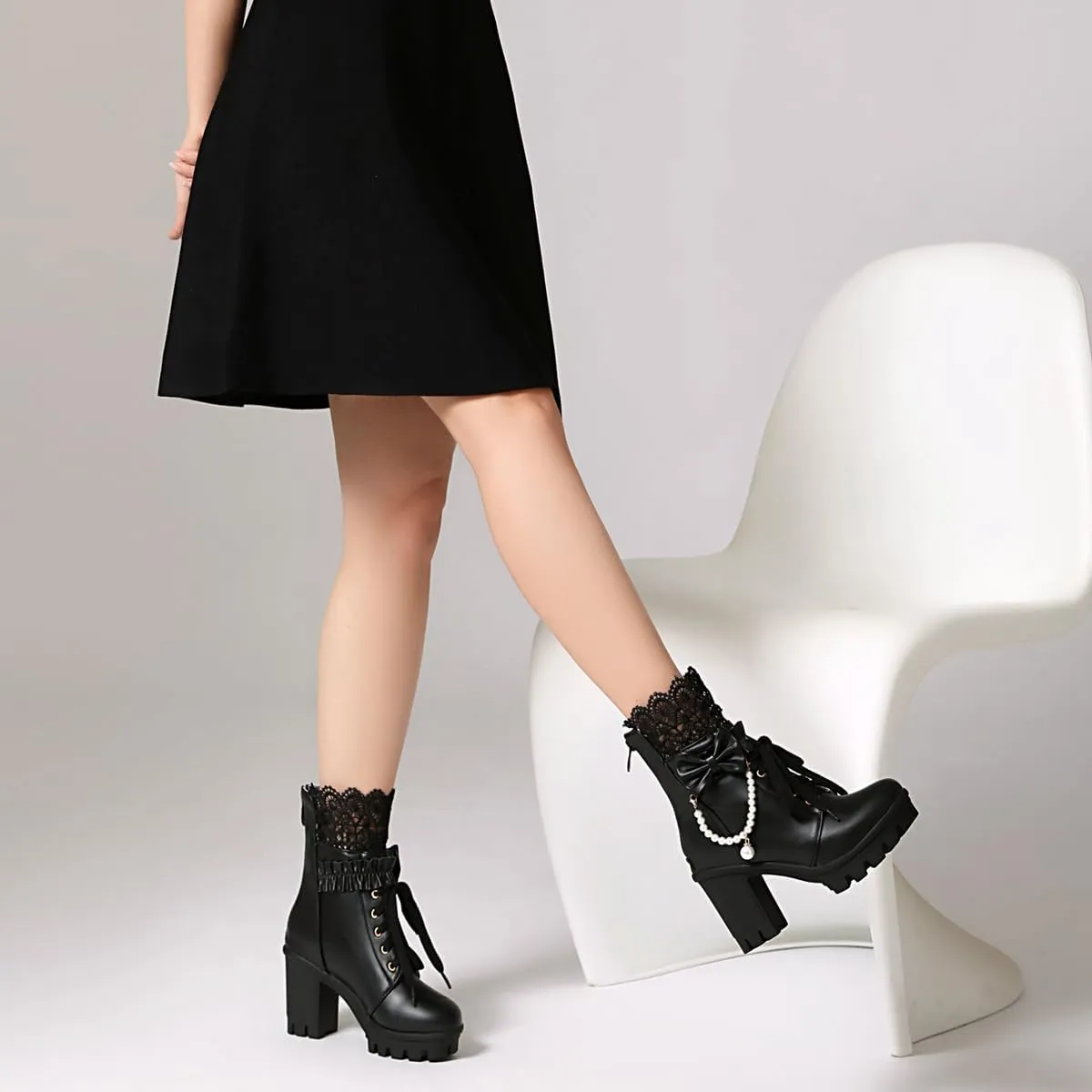 BEAUPAS Women's Platform Ankle Boots with Lace Pearl Chain Bow Chunky High Heel Goth Combat Boots