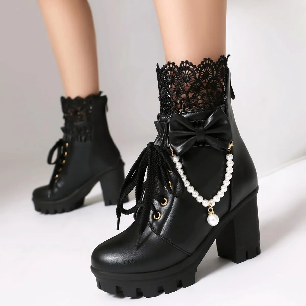 BEAUPAS Women's Platform Ankle Boots with Lace Pearl Chain Bow Chunky High Heel Goth Combat Boots