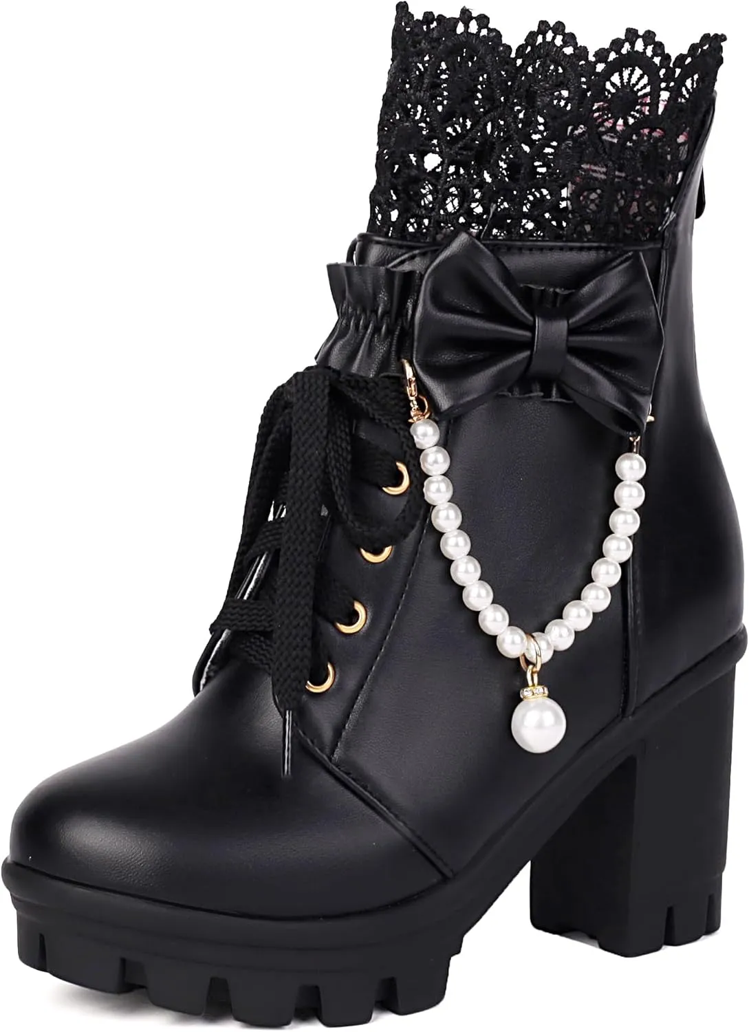 BEAUPAS Women's Platform Ankle Boots with Lace Pearl Chain Bow Chunky High Heel Goth Combat Boots