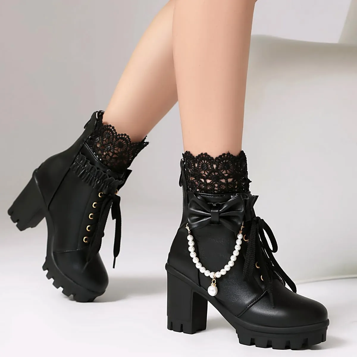 BEAUPAS Women's Platform Ankle Boots with Lace Pearl Chain Bow Chunky High Heel Goth Combat Boots