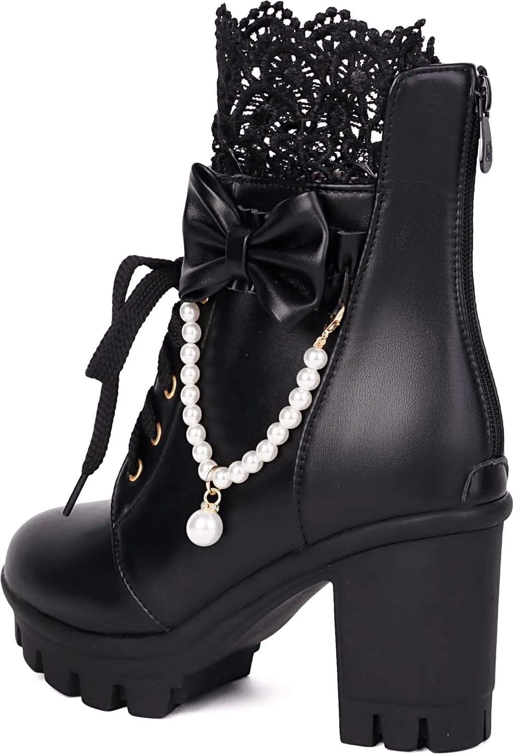 BEAUPAS Women's Platform Ankle Boots with Lace Pearl Chain Bow Chunky High Heel Goth Combat Boots