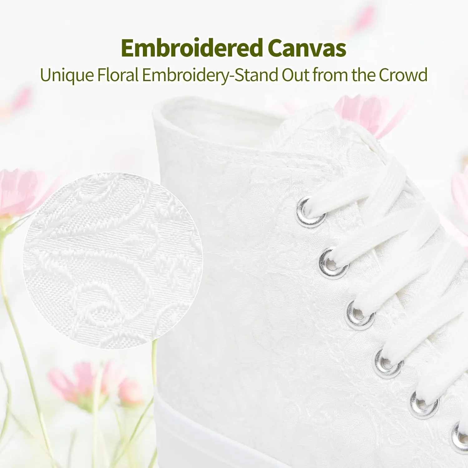 BENPAO Women's High Top Canvas Sneakers, Floral Embroidered Fashion Tennis Shoes - White Breathable Casual Walking Shoes
